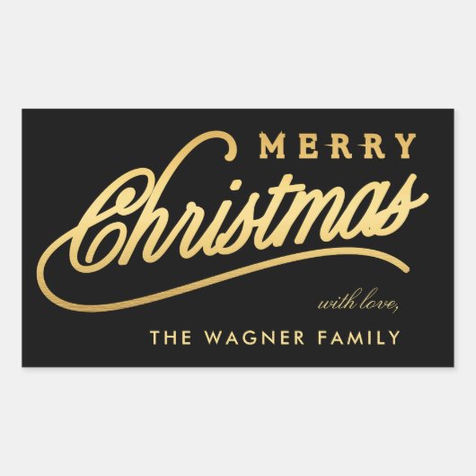 Modern Black & Gold Script Merry Christmas 長方形シール (正面)