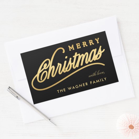 Modern Black & Gold Script Merry Christmas 長方形シール (封筒)