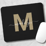 Modern Black Gold Script Name Initial Monogram マウスパッド<br><div class="desc">Personalized Elegant Modern Black Gold Script Initial Name Monogram Mouse Pad. Add a touch of sophistication to your workspace with this chic mouse pad. It features a flat gold-colored initial (without shimmer or foil) centered on a sleek black background. The refined design combines elegance with practicality, making it a perfect...</div>
