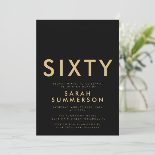 Modern Black Gold Sixty 60th Birthday Party 招待状 (スタンド正面)
