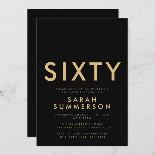 Modern Black Gold Sixty 60th Birthday Party 招待状 (正面/裏面)