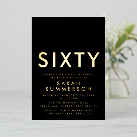 Modern Black Gold Sixty 60th Birthday Party 箔招待状 (立ち正面)