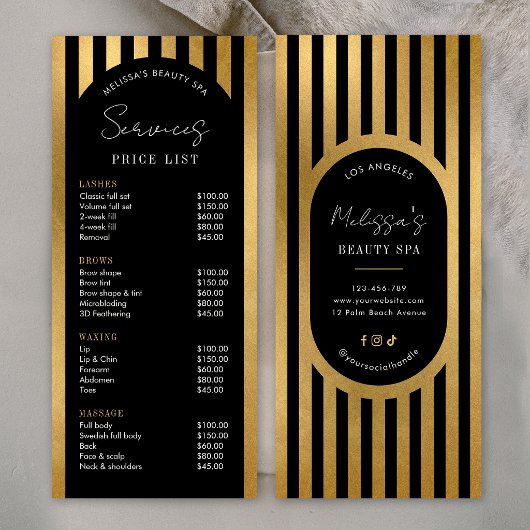 Modern Black & Gold Stripes Salon Price List Menu ラックカード
