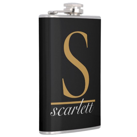 Modern Black Gold Stylish Monogram Girly Script フラスク (右)