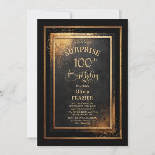 Modern Black Gold Surprise 100th Birthday Party 招待状 (正面)