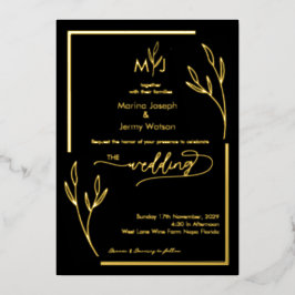 Modern Black & Golden Leaflet Border Monogram 箔招待状