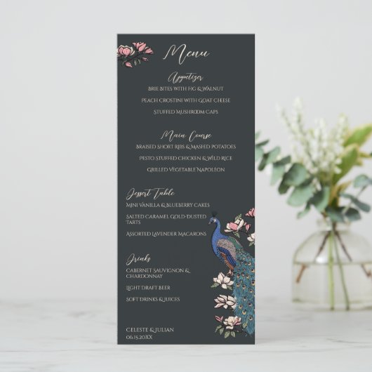 Modern Black Hand-Drawn Peacock Wedding Menu メニュー (スタンド正面)