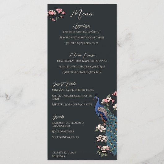 Modern Black Hand-Drawn Peacock Wedding Menu メニュー (正面)