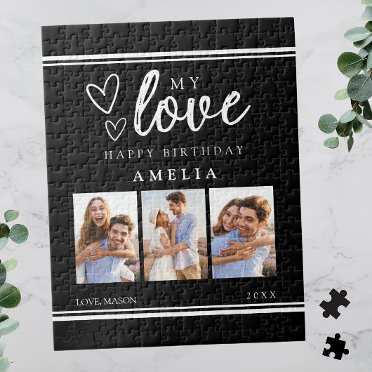 Modern Black Happy Birthday Photo Collage ジグソーパズル