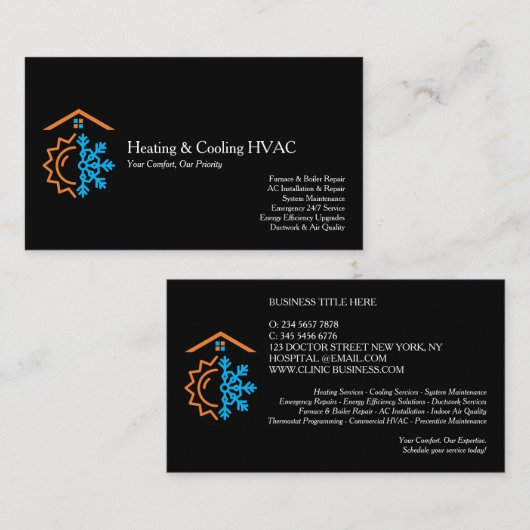 Modern Black Heating Cooling Experts HVAC 名刺 (正面/裏面)