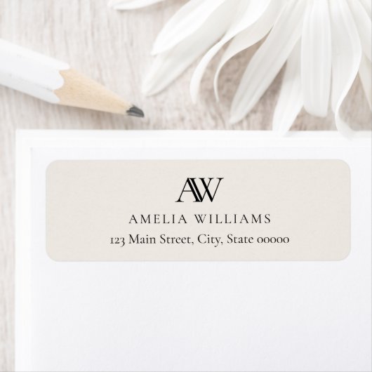 Modern Black Ivory Elegant Monogram Return Address ラベル (インサイチュ)