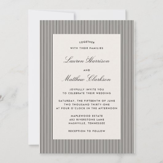 Modern Black & Ivory Striped Wedding Invitation 招待状 (正面)
