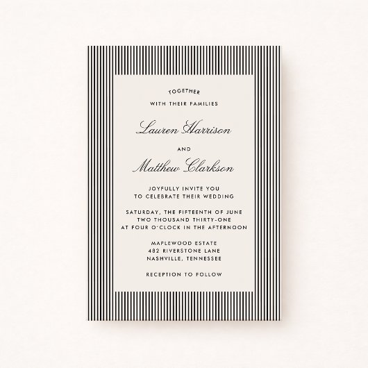 Modern Black & Ivory Striped Wedding Invitation 招待状
