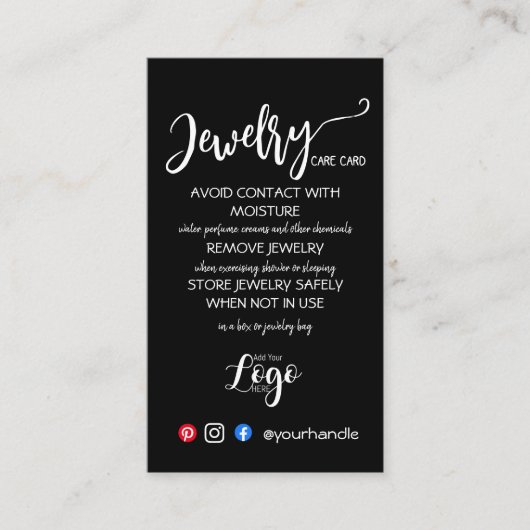 Modern Black Jewelry Care Card – Add Your Logo 名刺 (正面)