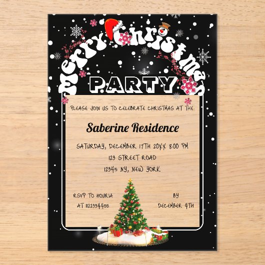 Modern Black Merry Christmas Graffiti Party アクリル招待状 (正面)