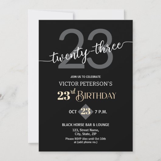 Modern Black Minimalist Men 23rd Birthday Party 招待状 (正面)
