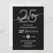 Modern Black Minimalist Men 25th Birthday Party 招待状 (正面)