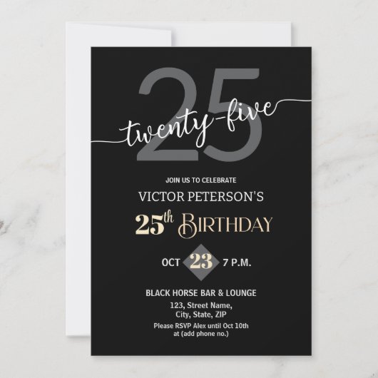 Modern Black Minimalist Men 25th Birthday Party 招待状 (正面)