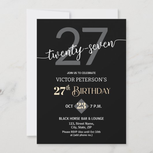 Modern Black Minimalist Men 27th Birthday Party 招待状 (正面)