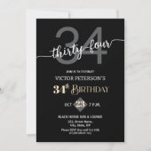 Modern Black Minimalist Men 34th Birthday Party 招待状 (正面)