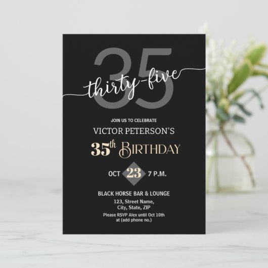 Modern Black Minimalist Men 35th Birthday Party 招待状 (スタンド正面)