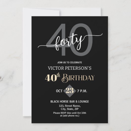 Modern Black Minimalist Men 40th Birthday Party 招待状 (正面)