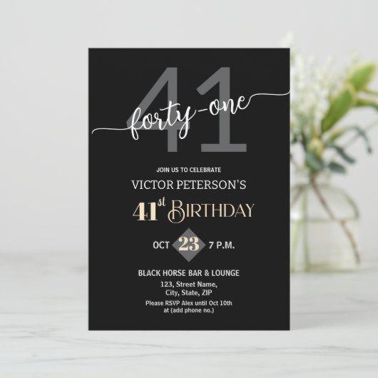 Modern Black Minimalist Men 41st Birthday Party 招待状 (スタンド正面)
