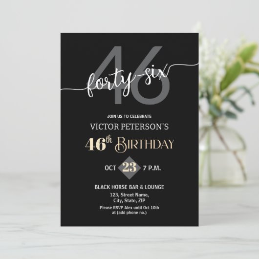 Modern Black Minimalist Men 46th Birthday Party 招待状 (スタンド正面)