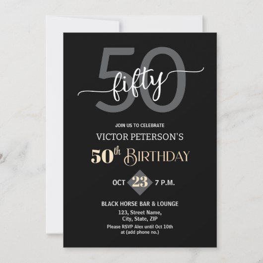 Modern Black Minimalist Men 50th Birthday Party 招待状 (正面)