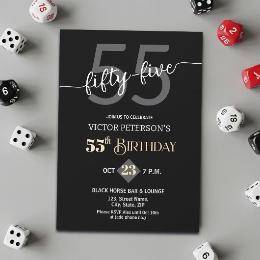 Modern Black Minimalist Men 55th Birthday Party 招待状