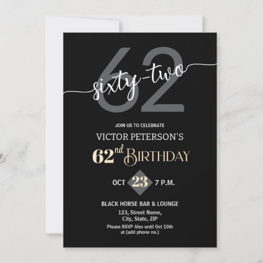 Modern Black Minimalist Men 62nd Birthday Party 招待状 (正面)