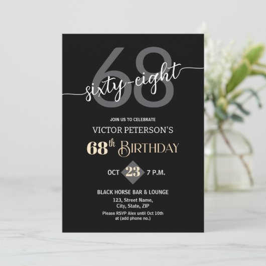 Modern Black Minimalist Men 68th Birthday Party 招待状 (スタンド正面)