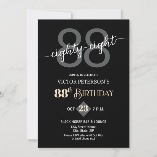 Modern Black Minimalist Men 88th Birthday Party 招待状 (正面)