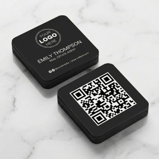 Modern Black Minimalist QR Code Social Media スクエア名刺