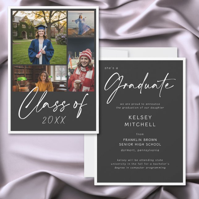 Modern Black Multi Photo Graduation Announcement (Modern Black Multi Photo Graduation Announcement)