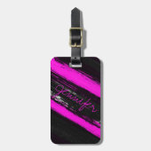 Modern black neon pink brushstrokes monogram lugga ラゲッジタグ (正面縦)
