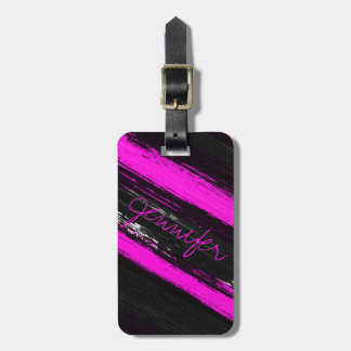 Modern black neon pink brushstrokes monogram lugga ラゲッジタグ