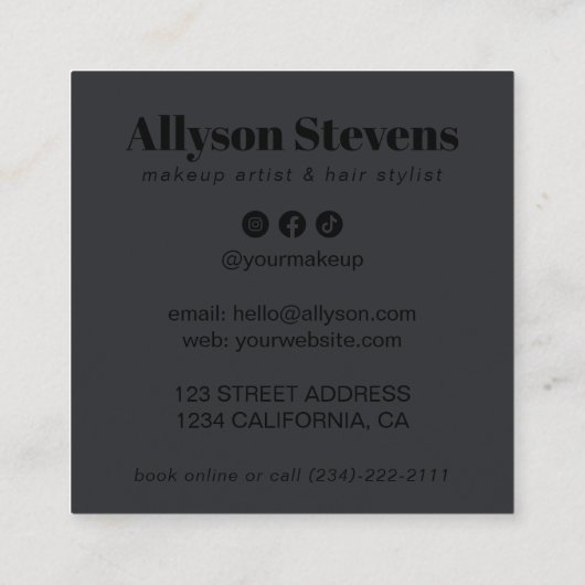 Modern Black on Black Bold QR Code Hair & Makeup スクエア名刺 (裏面)