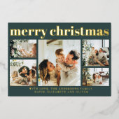 Modern Black Photo Collage Minimal Green Christmas 箔シーズンカード (正面)