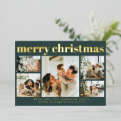 Modern Black Photo Collage Minimal Green Christmas 箔シーズンカード (立ち正面)