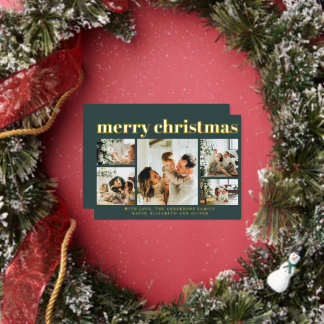Modern Black Photo Collage Minimal Green Christmas 箔シーズンカード