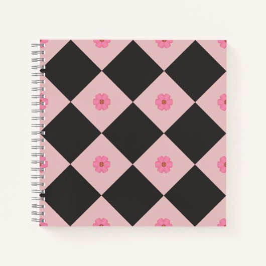 Modern Black & Pink Floral Geometric Notebook ノートブック (正面)
