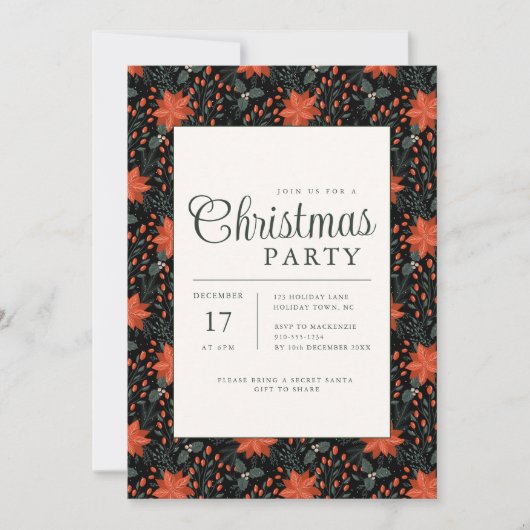 Modern Black Poinsettia Christmas Party Invitation 招待状 (正面)