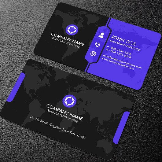 Modern Black & Purple World Map Corporate 名刺