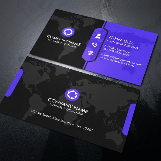 Modern Black & Purple World Map Corporate 名刺