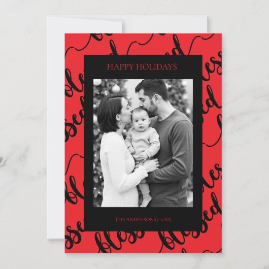 Modern Black & Red “Blessed” Script Photo シーズンカード (正面)