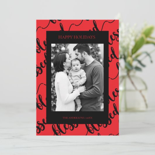 Modern Black & Red “Blessed” Script Photo シーズンカード (スタンド正面)