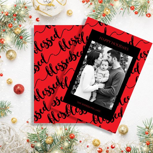 Modern Black & Red “Blessed” Script Photo シーズンカード