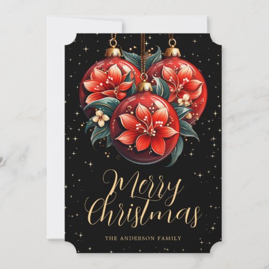 Modern Black Red Floral Ornaments Christmas Card シーズンカード (正面)