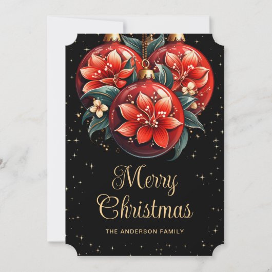 Modern Black Red Floral Ornaments Christmas Card シーズンカード (正面)
